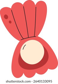 A scallop shell with a pearl in flat style. The shell is open with a round pearl inside. Cartoon vector illustration.