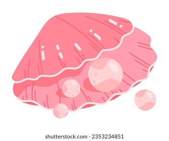 Scallop shell with pearls. Hand drawn seashell with pearl, sea shellfish. Pink clam shell, ocean marine fauna flat vector illustration