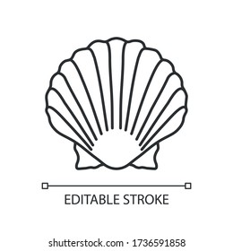 Scallop shell pixel perfect linear icon. Exotic seashell, decorative conch. Thin line customizable illustration. Contour symbol. Oyster, clam shell vector isolated outline drawing. Editable stroke