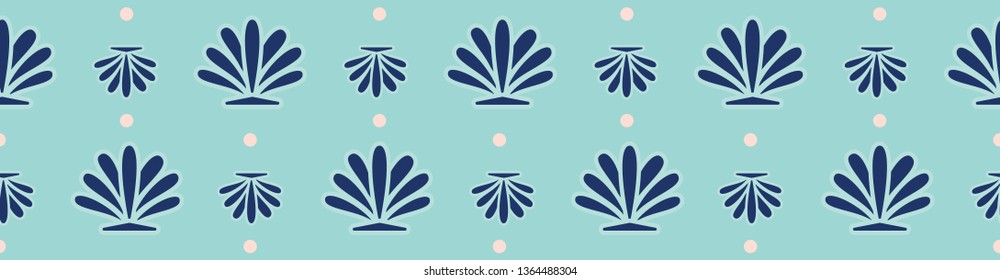 Scallop shell seamless border design in cool blue, turquoise and green. Horizontal repeat vector for tile edging, beach house decor, ribbon, banners, swimwear trim and graphic design uses.