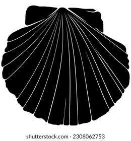 Scallop shell top view silhouette. Black vector hand drawn illustration isolated on white. Element for design seafood shop or menu, decor, label. Simple flat symbol ocean seashell