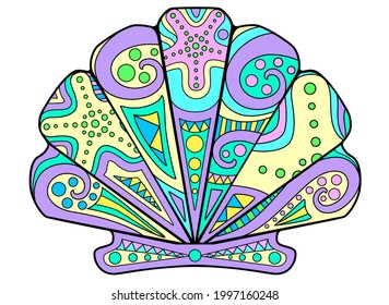Scallop shell - vector linear full color zentangle illustration - with sea animal mollusk living in the ocean. Template for stained glass, batik or coloring. Scallop shell painted with zentangles
