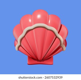 Scallop shell with wavy edge and ribbed texture. 3D cartoon sea shell on blue background. Summer vacation concept