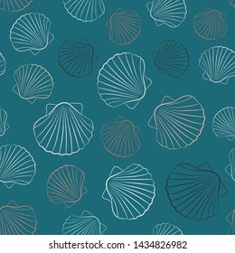 Scallop shells, colorful outlines, on blue green background. Vector seamless pattern.