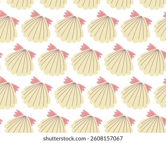 Scallop shells in pastel colors seamless pattern. Simple and elegant marine design. For textiles, wallpapers, wrapping paper, and beach-inspired projects