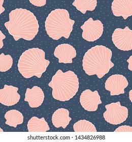 Scallop shells, pink, on navy blue, sandy texture. Vector seamless pattern.
