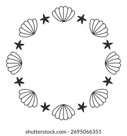Scallop und Seestern Muschel Rahmen. Dekorativer runder Rand mit Strandküstenelementen im Doodle-Stil. Sommer Grußkarte Menü Poster Vorlage. Vektorgrafik