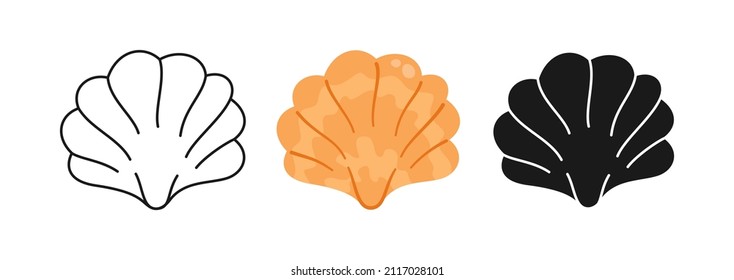 Scallop symbol cartoon hand drawn or stamp, doodle outline set. Icon ocean marine shell mollusk, conch sink. Tropical travel under water design elements sign seashell collection. Vector illustration