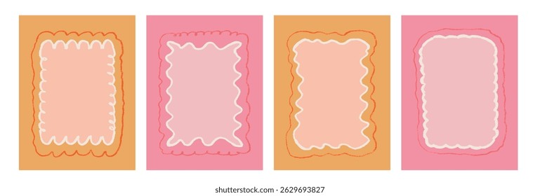 Scallop text boxes frames pencil hand drawn set. Wavy groovy rectangle pictures borders by crayon background. Wobbly y2k decorative callouts elements. Vector retro doodle blank illustration.