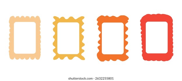 Scallop text boxes irregular frames hand drawn. Wavy groovy rectangle borders by crayon isolated on white background. Wobbly y2k decorative callouts elements. Vector retro doodle blank illustration.