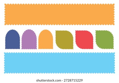 Conjunto de bordes en zigzag y festón.   Elementos Abstractas para el marco, sello, Plantilla, diseño promocional, Diseño web y social. Conjunto de forma de zigzag y colorido. 