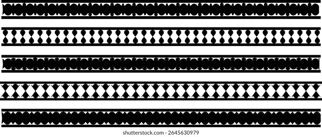 Scalloped border. illustration isolated on white background. dividers. Simple scalloped border. Repeat cute vintage frill ornament. Texture ribbons. Vector  Scalloped edge seamless set. borders and 
