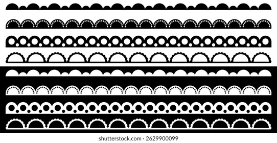 Scalloped Border Pattern Set. Decorative Vector Trim Elements for Craft, Scrapbooking, and Laser Cutting Design isolated on black and white background.