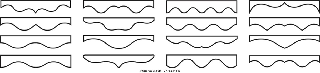 Scalloped border simple divider ornament edge cutout decoration isolated on transparent background. seamless strokes set. Simple scalloped border.