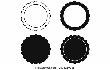 Scalloped circle badge icons in outline and solid black style. Perfect for labels, seals, logos, stamps, certificates, frame or decorative design elements