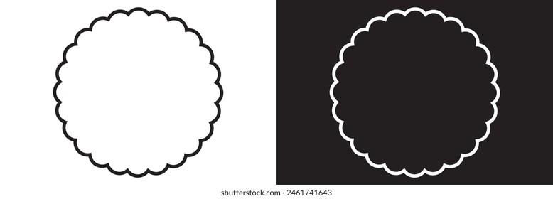 Scalloped circle shape and frame icon. Clipart image isolated on white and black background. Flower silhouette lace frame.