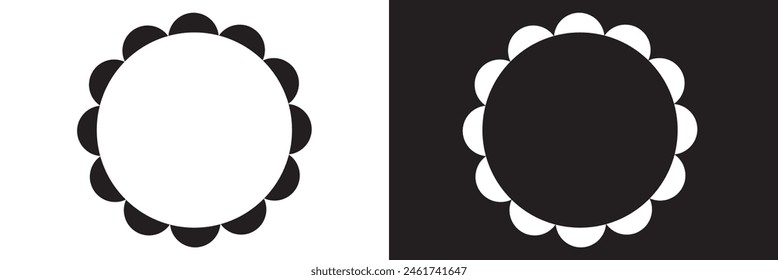 Forma de círculo festoneado e icono de marco. Imagen Clipart aislada sobre fondo blanco y negro. Marco de encaje de silueta floral.