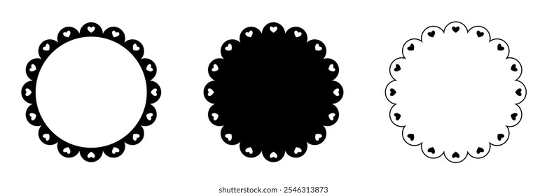 Scalloped circle shape with hearts set. Clipart image isolated on white background