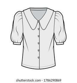 Scalloped collar shirt technical fashion illustration with elbow puff sleeve, front button-fastening, loose silhouette. Flat blouse apparel template front, grey color.Women CAD garment mockup for designer