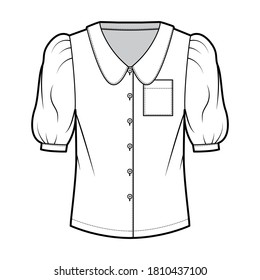 Scalloped collar shirt technical fashion illustration with elbow puff sleeve, front button-fastening, loose silhouette. Flat blouse apparel template front white color. Women, men unisex top CAD mockup