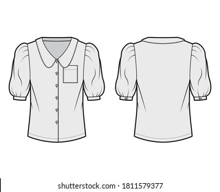Scalloped collar shirt technical fashion illustration with elbow puff sleeve, front button-fastening, loose silhouette. Flat blouse apparel template front, back grey color. Women, men unisex top CAD
