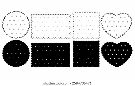 Scalloped cookie or biscuits vector icons in round, rectangular, and heart shapes with dotted textures. Perfect for bakery, food, and sweet-themed designs. High-resolution illustration