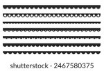 Scalloped edge border frilly stroke divider black silhouette stripe, tape collection isolated on white background. Traditional simple ornament with circles, embroidery ribbon.