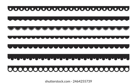 Scalloped edge border frilly stroke divider black silhouette stripe, tape collection isolated on white background. Traditional simple ornament with circles, embroidery ribbon.