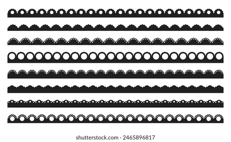Scalloped edge border frilly stroke divider black silhouette stripe, tape collection isolated on white background. Traditional simple ornament with circles, embroidery ribbon.