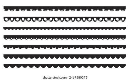 Scalloped edge border frilly stroke divider black silhouette stripe, tape collection isolated on white background. Traditional simple ornament with circles, embroidery ribbon.