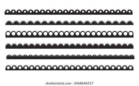 Scalloped edge border frilly stroke divider black silhouette stripe, tape collection isolated on white background. Traditional simple ornament with circles, embroidery ribbon.