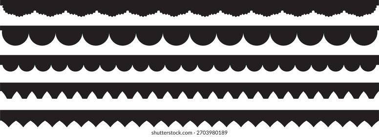 Scalloped Edge border. seamless scalloped simple borders and dividers set, vintage frill ornament and ribbon trim pattern decorative lace vector Illustration