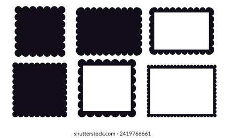 Scalloped edge border silhouette shapes, wavy borders isolated on white background. Scallop stamp, rectangle frame. 