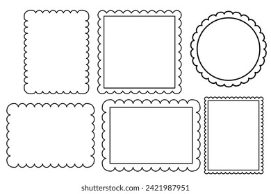 Scalloped edge border silhouette shapes, wavy borders isolated on white background. Scallop stamp, rectangle frame. 