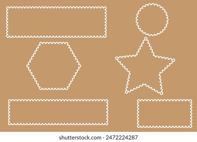 Scalloped edge border silhouette shapes, wavy borders isolated on white background. Scallop stamp, rectangle frame.