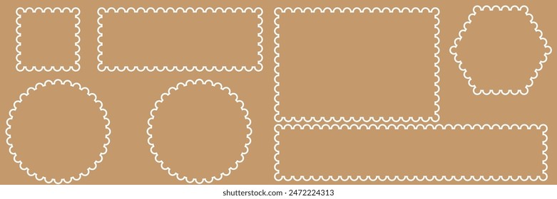 Scalloped edge border silhouette shapes, wavy borders isolated on white background. Scallop stamp, rectangle frame.