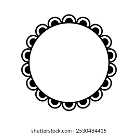 Scalloped edge circle frame. Simple round scalloped border. Fabric lace pattern frame. Repeat cute vintage frill ornament. Texture ribbon. Vector illustration isolated on white background.