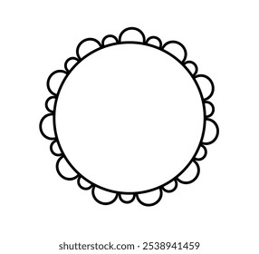 Scalloped edge circle frame. Simple round scalloped border. Fabric lace pattern frame. Repeat cute vintage frill ornament. Texture ribbon. Vector illustration isolated on white background.