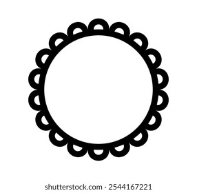Scalloped edge circle frame. Simple round scalloped border. Fabric lace pattern frame. Repeat cute vintage frill ornament. Texture ribbon. Vector illustration isolated on white background.