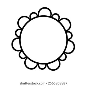 Scalloped edge circle frame. Simple round scalloped border. Fabric lace pattern frame. Repeat cute vintage frill ornament. Texture ribbon. Vector illustration isolated on white background.