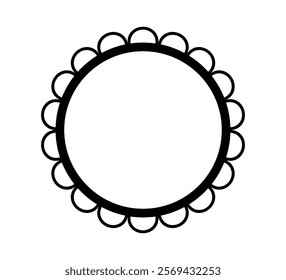 Scalloped edge circle frame. Simple round scalloped border. Fabric lace pattern frame. Repeat cute vintage frill ornament. Texture ribbon. Vector illustration isolated on white background.