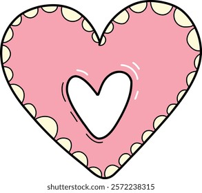 Scalloped Edge Doily Heart Frame Vector. Simple label sticker template. Cute vintage frill ornament. Vector illustration isolated on white background.