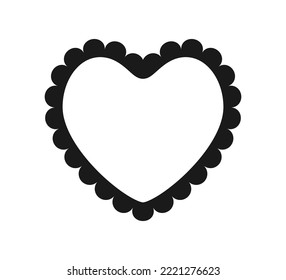 Scalloped edge heart shape. Simple heart scalloped border. Fabric laces silhouette frame. Repeat cute vintage frill ornament. Texture ribbon. Vector illustration isolated on white background.