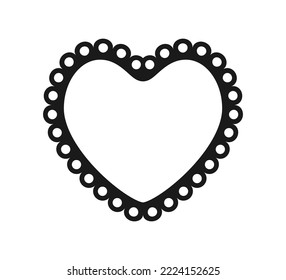 Scalloped edge heart shape. Simple heart scalloped border. Fabric laces silhouette frame. Repeat cute vintage frill ornament. Texture ribbon. Vector illustration isolated on white background.
