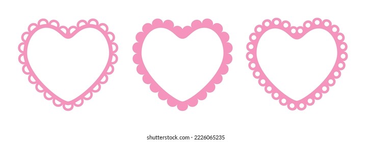Scalloped edge heart shapes set. Simple heart scalloped border. Fabric laces silhouette frame. Repeat cute vintage frill ornament. Texture ribbons. Vector illustration isolated on white background.