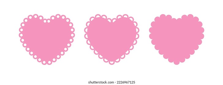 Scalloped edge heart shapes set. Simple heart scalloped border. Fabric laces silhouette frame. Repeat cute vintage frill ornament. Texture ribbons. Vector illustration isolated on white background.