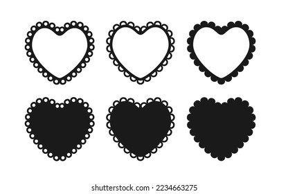 Scalloped edge heart shapes set. Simple heart scalloped border. Fabric laces silhouette frame. Repeat cute vintage frill ornament. Texture ribbons. Vector illustration isolated on white background.