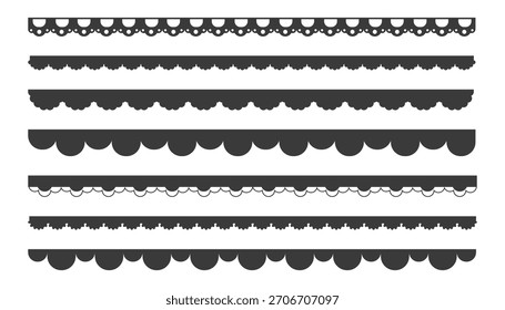 Scalloped edge lace border, textile frill stripe. scalloped border, frame, pattern isolated. Zigzag edge border, cutout decoration line frame collection