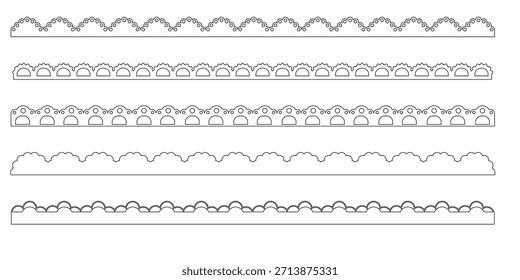 Borde de encaje de borde festoneado, raya de volante textil. borde festoneado, marco, patrón aislado. Borde de borde en zigzag, línea de decoración de recorte marco colección