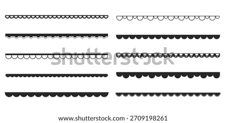 Scalloped edge lace border, textile frill stripe. scalloped border, frame, pattern isolated. Zigzag edge border, cutout decoration line frame collection